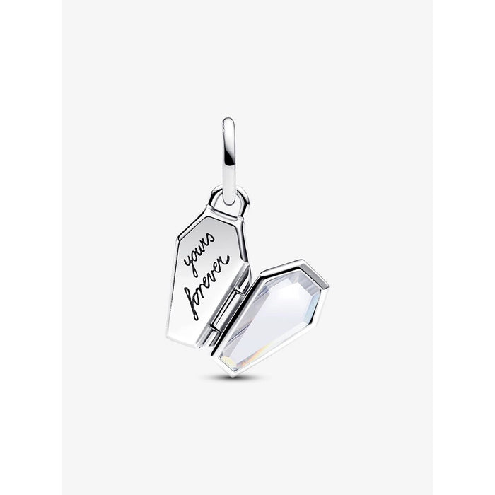 Back of Pandora coffin charm engraved with "yours forever" and accented with clear crystal-like enamel.