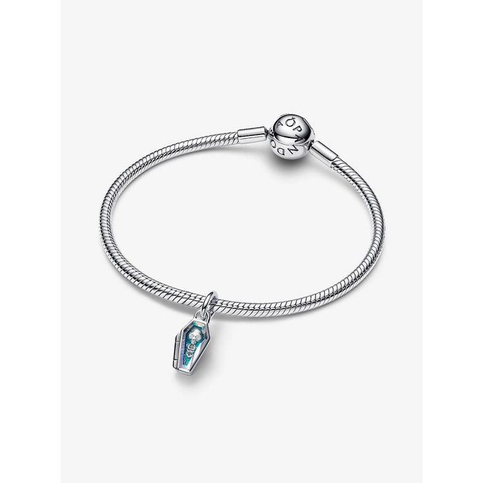 Pandora silver bracelet with glow-in-the-dark openable coffin charm featuring skeleton detail.