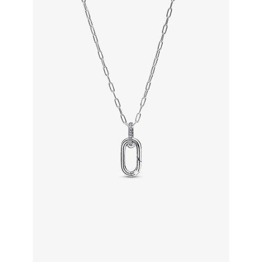 Pandora sterling silver oval link pendant necklace with adjustable chain, product display.