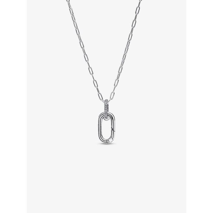 Pandora sterling silver oval link pendant necklace with adjustable chain, product display.