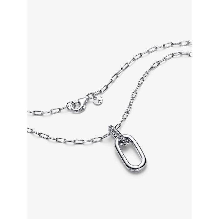 Pandora sterling silver necklace with lobster clasp and oval link pendant, detailed close-up shot.