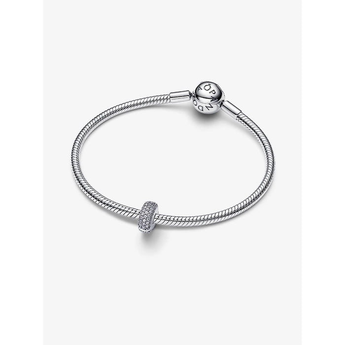 Pandora Pavé Clip Charm styled on a snake chain bracelet with round clasp.