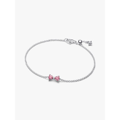 Pandora Pink Bow Chain Bracelet in sterling silver featuring two pink heart-shaped stones forming a bow on a delicate adjustable chain.