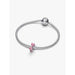 Sterling silver Pandora bracelet featuring the Pink Bow Charm with two pink heart-shaped stones.