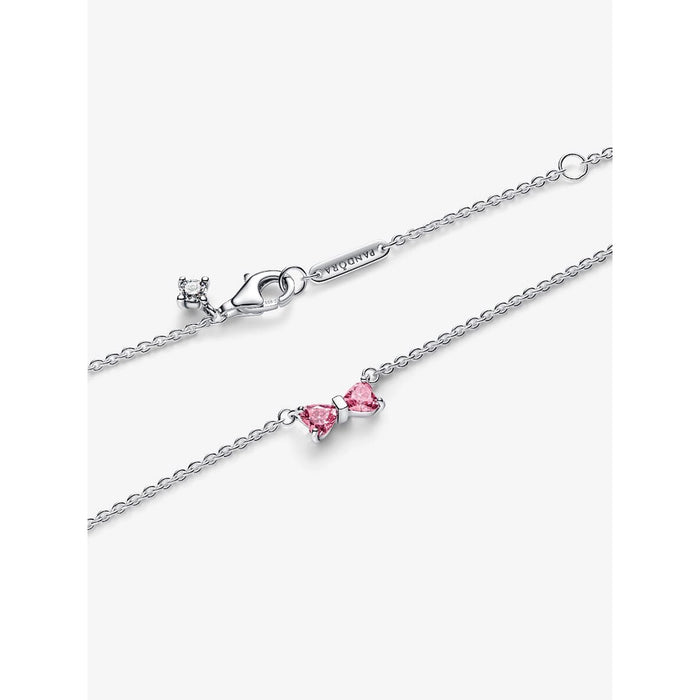 Close-up of PANDORA Pink Bow Pendant Necklace clasp and detailing.
