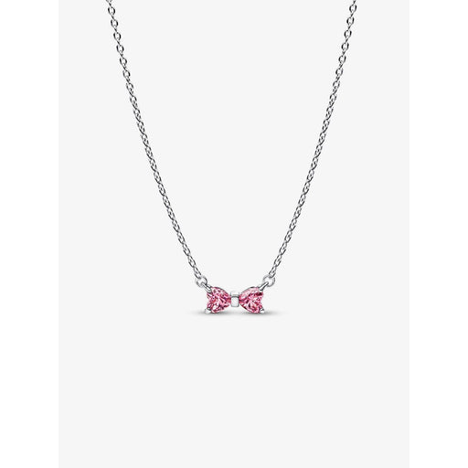 Pandora Pink Bow Pendant Necklace with two pink heart-shaped stones in sterling silver.