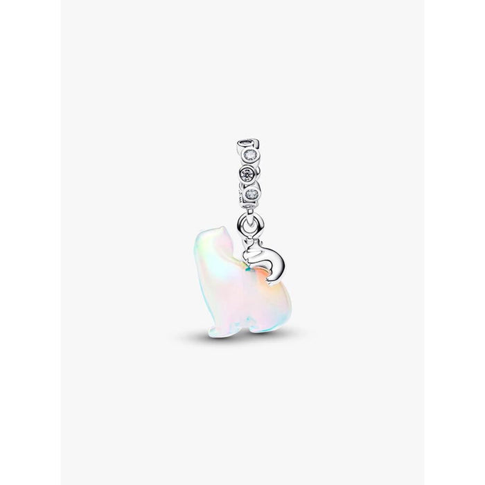 Side view of the Pandora Polar Bear Mother & Cub Dangle Charm, showing the opalescent silhouette and raised silver cub figure.