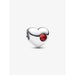 Silver heart-shaped charm with a red gemstone on a white background