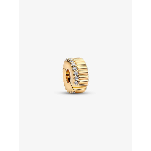 Pandora Ribbed Clip Charm in 14k gold finish with ribbed texture and a row of sparkling clear pavé stones, shown angled.