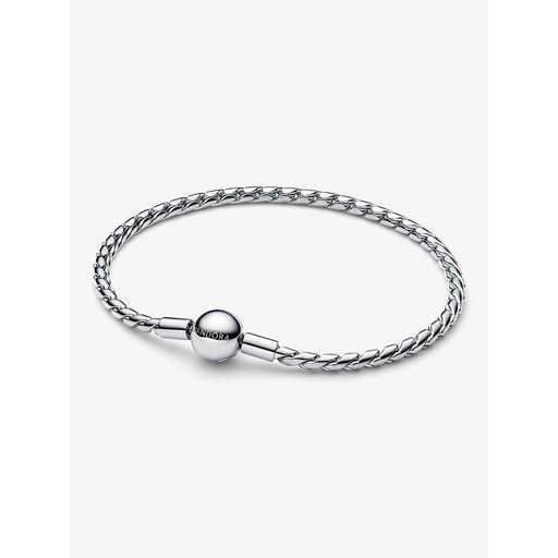 Pandora silver bracelet with engraved round clasp and woven chain, detailed product shot.
