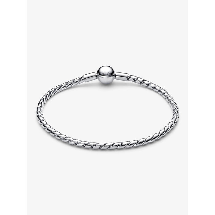 Pandora sterling silver woven bracelet with round clasp, classic jewelry design.