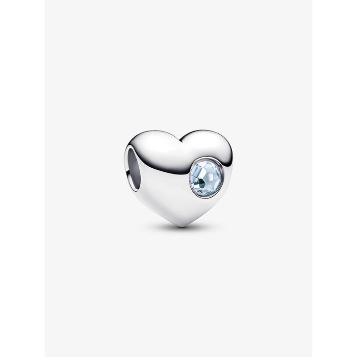 Close-up of Pandora Engravable Sea Aqua Blue Stone Heart Charm in sterling silver with round aqua gemstone.