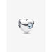 Close-up of Pandora Engravable Sea Aqua Blue Stone Heart Charm in sterling silver with round aqua gemstone.