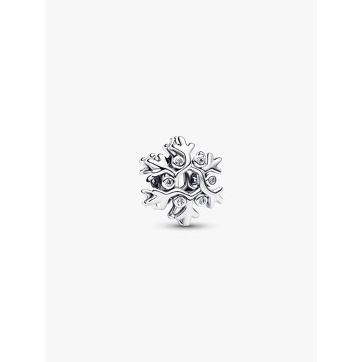 Pandora Snowflake Charm in sterling silver with cubic zirconia stones, front view.