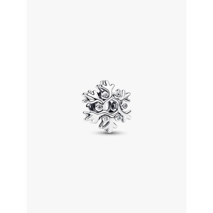Pandora Snowflake Charm in sterling silver with cubic zirconia stones, front view.