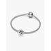 Pandora Snowflake Charm on a sterling silver Pandora Moments snake chain bracelet, product display image.