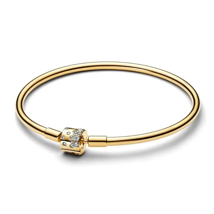 Side angle view of the gold Pandora barrel clasp bangle sparkling with cubic zirconia stones