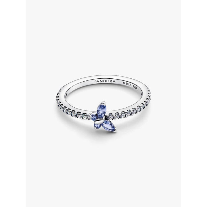 Side view of Pandora Blue Sparkling Butterfly Ring showing silver band and blue butterfly crystal detail.