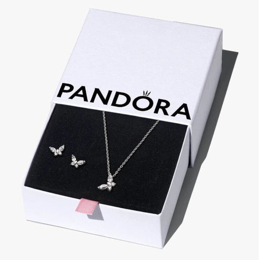 Pandora Sparkling Butterfly necklace and stud earrings set displayed on a white background.