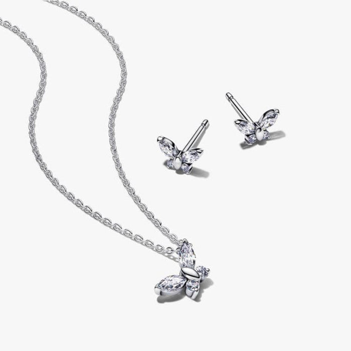 Pandora Sparkling Butterfly necklace and earrings set presented in a white Pandora gift box with black interior.