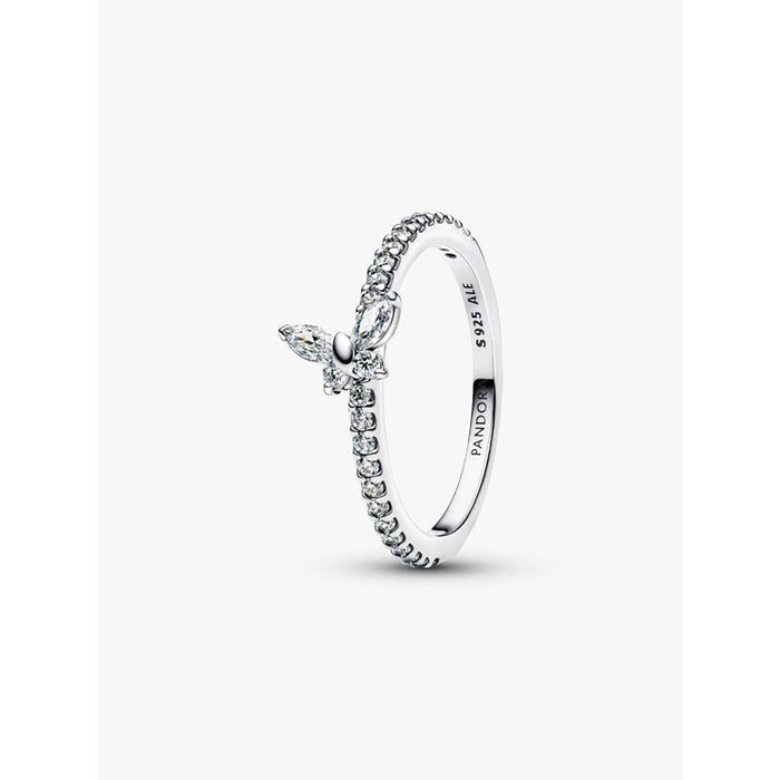 Pandora Sparkling Butterfly Ring side view showing pavé cubic zirconia band and clear butterfly stone setting