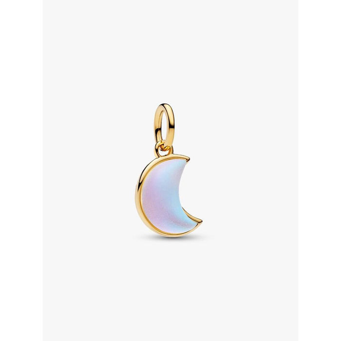 Gold Pandora crescent moon dangle charm with iridescent enamel.