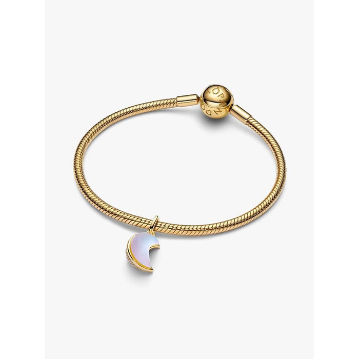 Gold Pandora bracelet featuring sparkling crescent moon charm.