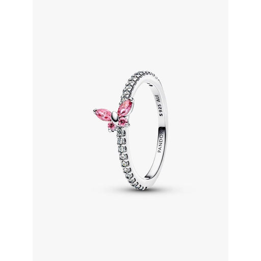 Pandora Sparkling Pink Butterfly Ring side view showing pavé cubic zirconia band and pink butterfly stone setting