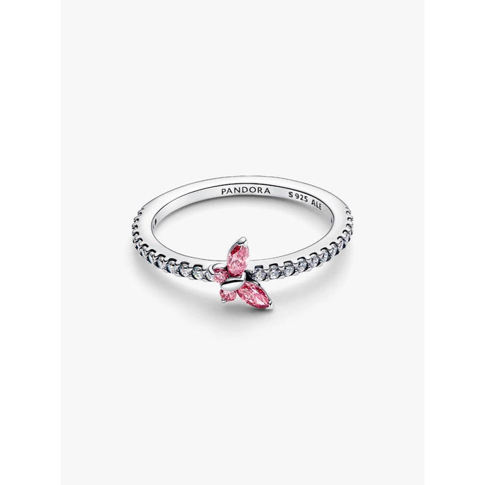 Pandora Sparkling Pink Butterfly Ring front view, sterling silver ring with pink marquise butterfly and cubic zirconia band