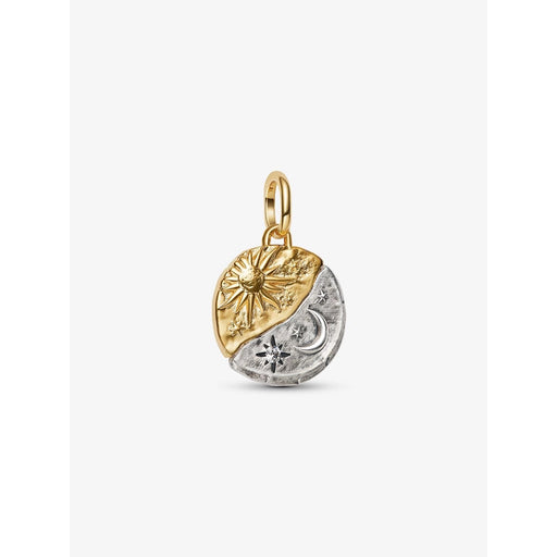 Pandora celestial sun and moon coin charm in two-tone gold and silver with star accents.