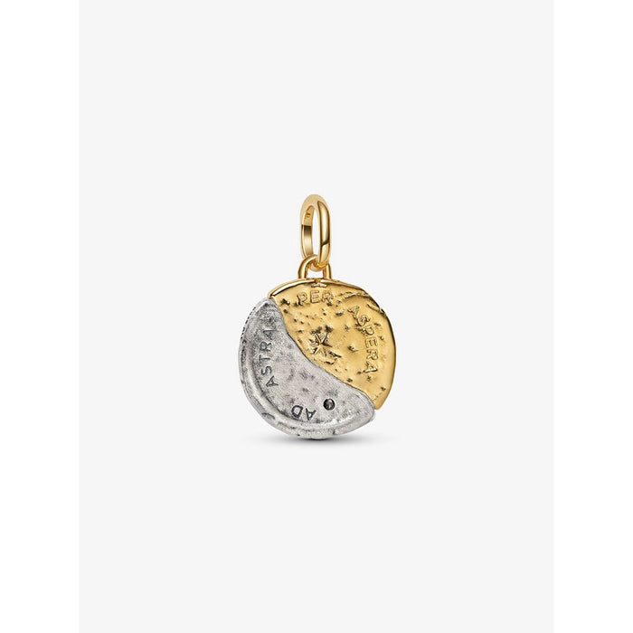 Pandora two-tone celestial coin charm with Latin engraving and star detail.