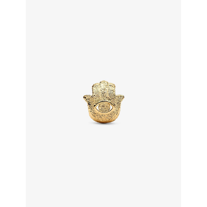 Gold Hamsa Hand charm with textured finish and central eye detail, symbolizing protection and positivity.