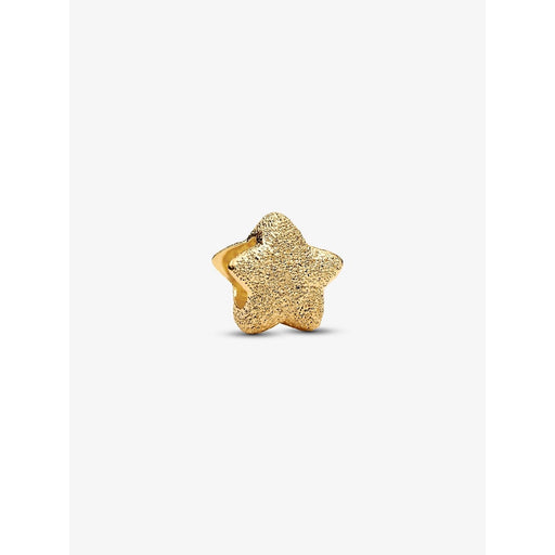 Close-up of Pandora Shimmering Star Charm in 14k gold plating with a textured, sparkling surface, star-shaped design.