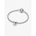 Pandora silver bracelet displayed on a white background, showcasing a heart-shaped charm with a red stone at the center.