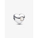 Close-up of a sterling silver heart-shaped Pandora charm with a round white stone on one side.