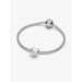 Sterling silver Pandora snake chain bracelet featuring a white stone heart charm on a plain background.