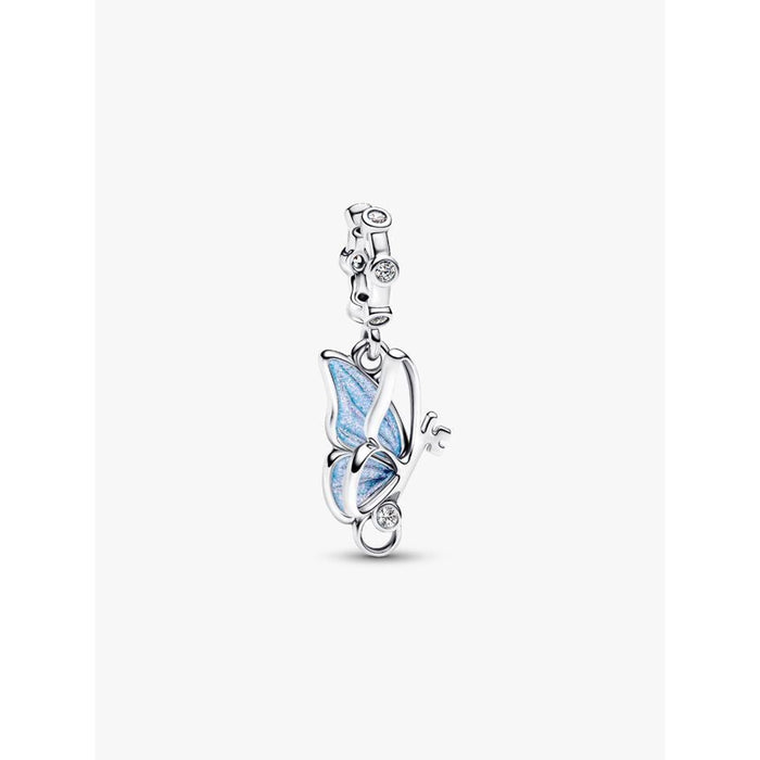 Pandora Winged Dangle Charm in sterling silver with blue enamel butterfly wings and cubic zirconia accents.