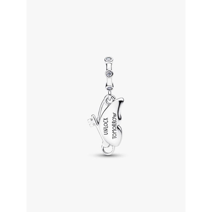 Back view of Pandora Winged Dangle Charm showing engraved message ‘Unlock Tomorrow’ on silver butterfly.