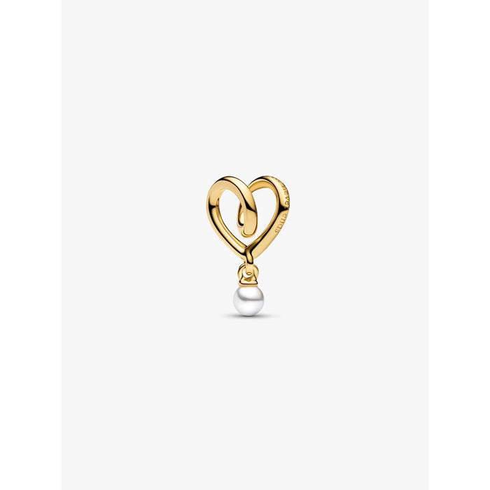 Gold Pandora Wrapped Heart Charm with an open heart design and a small pearl drop displayed on a white background.