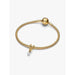 Gold Pandora snake chain bracelet styled with the Wrapped Heart Charm and pearl drop on a white background.