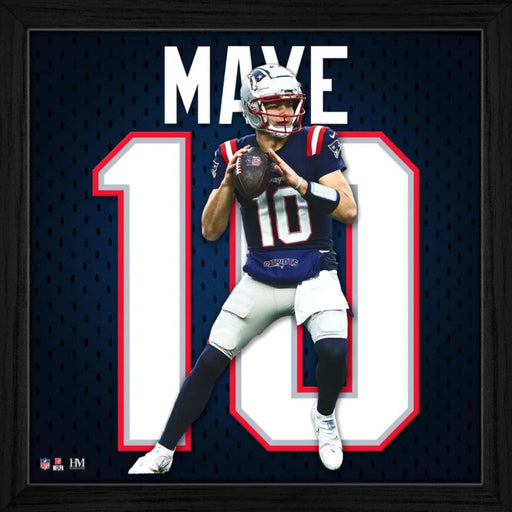 This Drake Maye New England Patriots Impact Jersey Frame celebrates one of the team’s rising stars. 