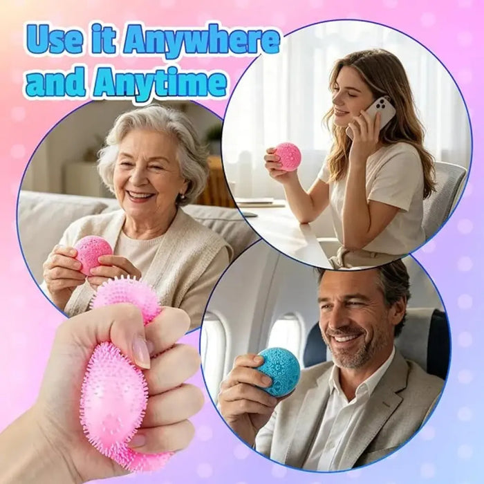 People using pink and blue stress balls with text 'Use it Anywhere and Anytime' on a pink background.