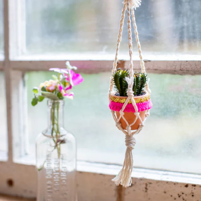 A macrame plant holder elegantly dangling from a rear view mirror, with a small potted plant visible.