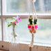 A macrame plant holder elegantly dangling from a rear view mirror, with a small potted plant visible.
