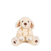 A plush stuffed dog sitting upright against a plain white background.