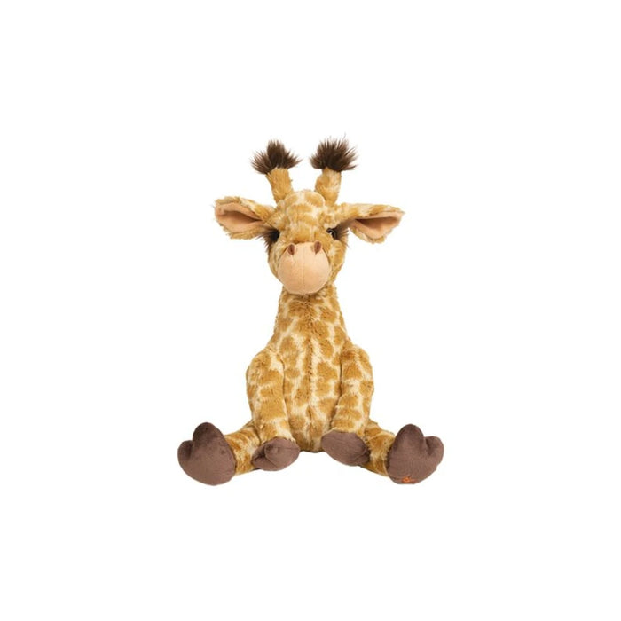 A plush giraffe sitting upright against a plain white background.
