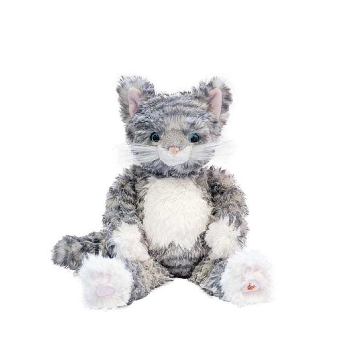 A stuffed cat toy is positioned on a white background, highlighting its cute features and soft texture.