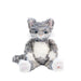 A stuffed cat toy is positioned on a white background, highlighting its cute features and soft texture.