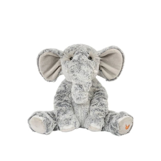 A plush elephant sits on a white background, showcasing its soft texture and gentle features.
