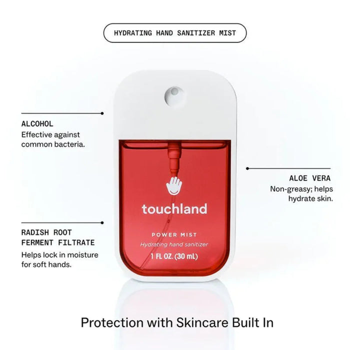 Touchland Cranberry Fizz Power Mist hand sanitizer in a red bottle with a white spray top, 1 fl oz (30 mL).